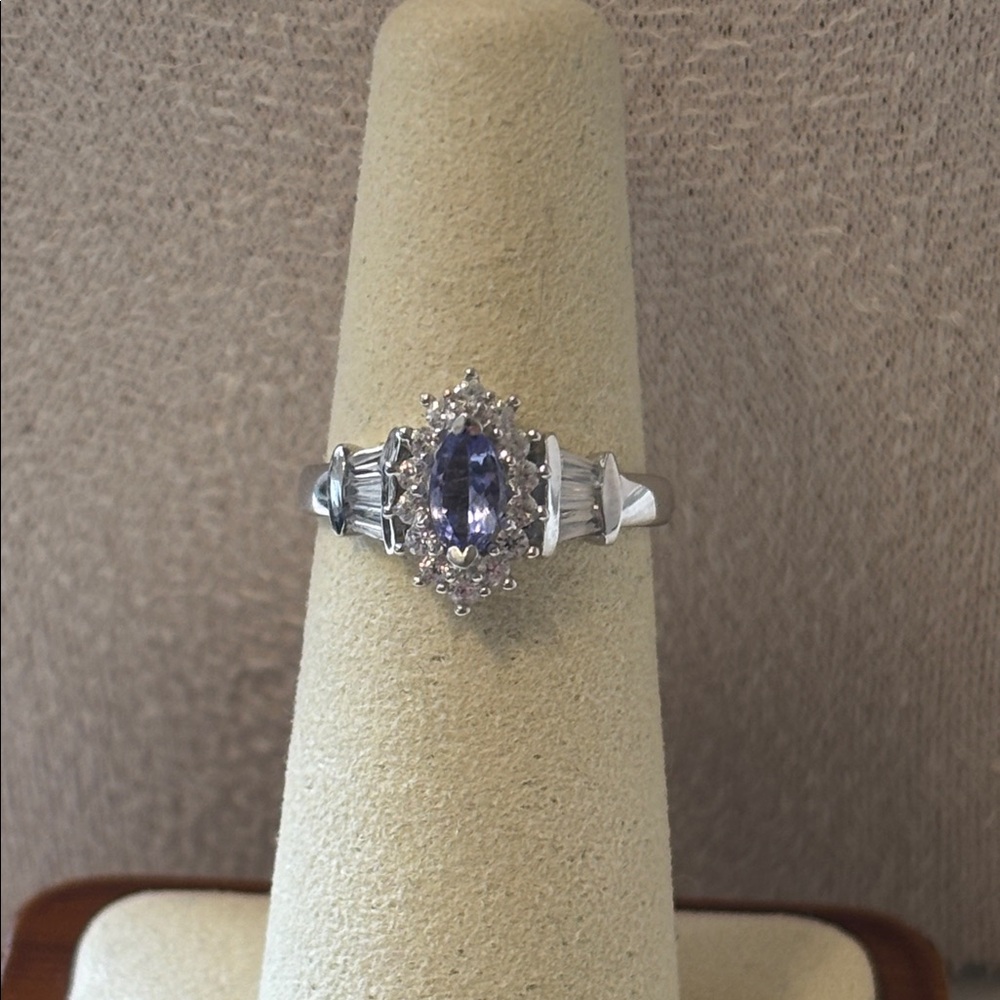 1.00 ctw Genuine Tanzanite & Zircon Ring 925 Sterling Silver